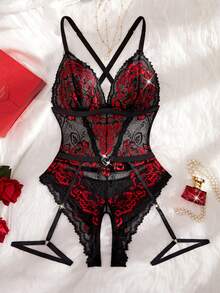 2 Pcs Women's Sexy Lingerie Set Adjustable Cross-Back Straps, Triangle Cup, Backless Open-Crotch Bodysuit & Adjustable Garter Belt Comfortable For Home, Elegant For Special Occasions - Black - View 7
