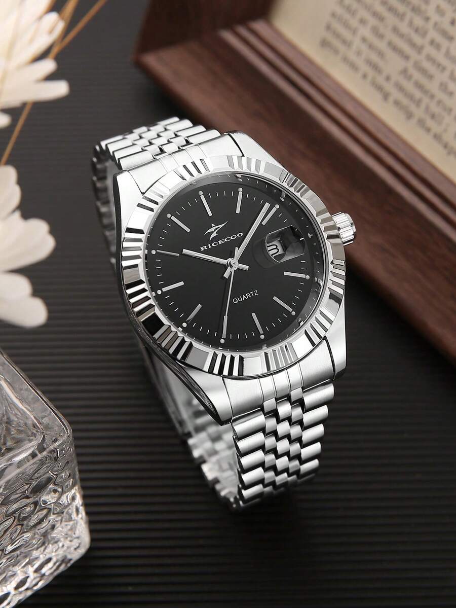 RICECGO 1 chiếc đồng hồ thạch anh cổ điển dành cho nam, phù hợp để đeo hàng ngày và trong các dịp công sở, quà tặng cho nam giới, mặt số chữ số Ả Rập, quà tặng ngày Valentine. - Bạc - Xem 1