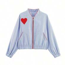 Women's Autumn New Blue Striped Heart Patch Contrast Color Jacket, Casual Commuting Vacation Style Jacket - 藍色 - 查看 6