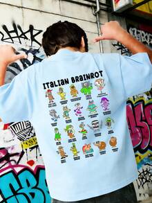 T-Shirt à Imprimé Graphique Humoristique << ITALIAN BRAINROT » Pour Garçon Préadolescent, Idéal Pour Un Look Décontracté, Streetwear, L'école, Les événements, Et Comme Haut à La Mode Pour L' - 酒紅色 - 查看 3