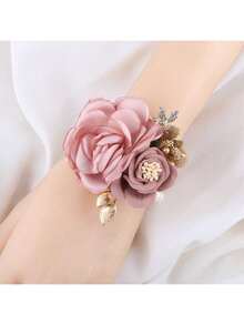 1件新娘手镯花朵，仿珍珠手链，婚礼伴娘配饰 - 粉色 - 查看 5