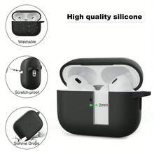 Funda protectora de silicona de unicolor y duradera compatible con auriculares Bluetooth de Apple, con llavero - Negro - Ver 4