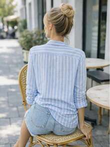 Linen Button-Down Shirt, Beach Cover-Up, Long Sleeves, Striped, Polyester, Button-Down, Vacation, Diary, Travel, Summer. - 藍白色 - 查看 2