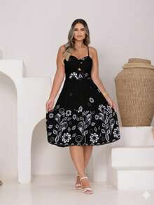 Vestido curto de alca estampado viscolinho com bojo transpassado - Preto - Visão 1
