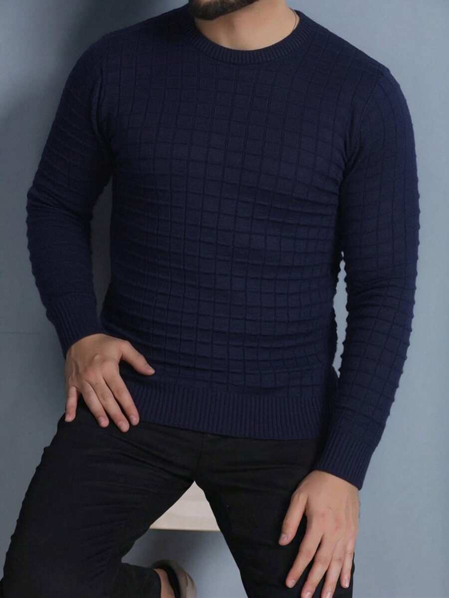 Sueter tricot lisa quadrado masculino blusa de frio gola redonda manga longa blusa de Lã Mais Grosso - Azul Marinho - Visão 1