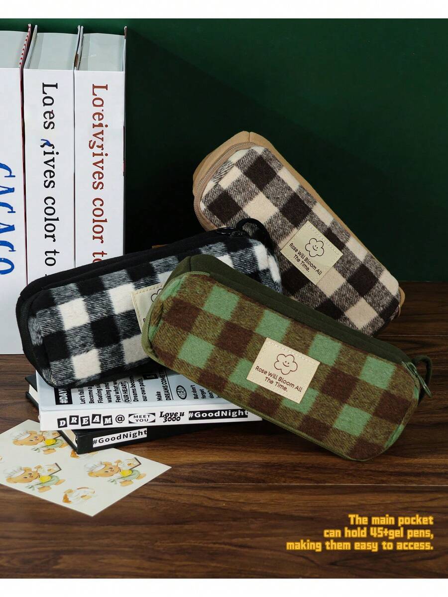 1 chiếc hộp đựng bút kẻ caro dung tích lớn, túi đựng bút cầm tay, ví đựng tiền xu dễ thương và đa năng, túi đựng mỹ phẩm, túi đựng phụ kiện, hộp đựng văn phòng phẩm cho học sinh. - hộp đựng bút chì - Xem 1