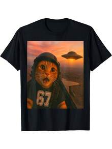 Funny Pilot UFO 67 Six Seven Gen 6-Shirt Casual Style, Crew Neck, Regular Fit, Print Pattern, Short Sleeve, All-Season WearFashionable Items Suitable Both Men And Women, Gifts - 黑色 - 查看 1