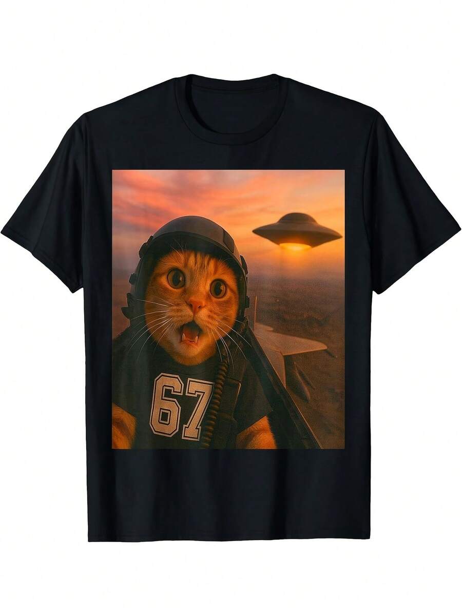 Funny Pilot UFO 67 Six Seven Gen 6-Shirt Casual Style, Crew Neck, Regular Fit, Print Pattern, Short Sleeve, All-Season WearFashionable Items Suitable Both Men And Women, Gifts - 黑色 - 查看 1