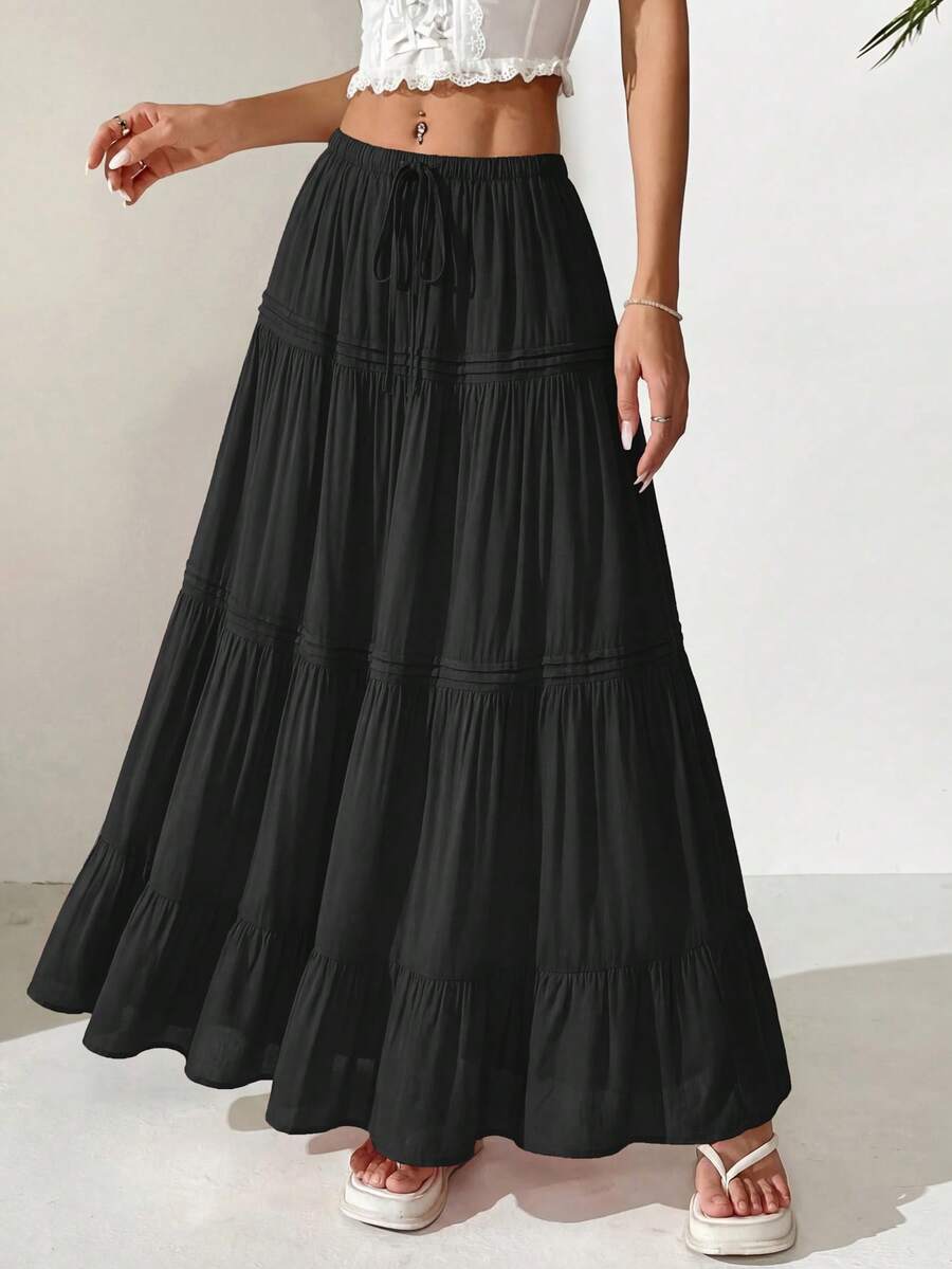 Women Casual Elastic High Waist Drawstring Pleated Layered Flowy Long Skirt Summer Boho Beach Vacation Holiday Going Out Valentine Maxi Skirt Outfits - màu đen - Xem 1