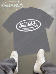 Dutch Manfinity Y2K Style  Print (180g Pure Cotton T-Shirt) Cotton T-Shirt - Soft And Breathable, Green Print 100% Pure Cotton Fabric - Comfortable And Vibrant Summer Streetwear Short-Sleeved T-Shirt, Cool Motorcycle Design, Vintage Summer Men's Everyday Wear T-Shirt - 灰色 - 查看 1