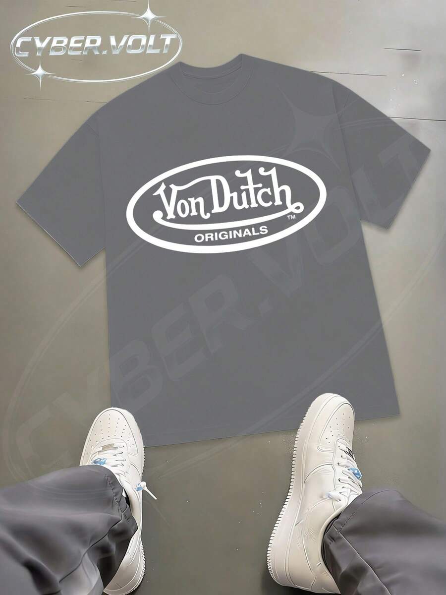 Dutch Manfinity Y2K Style  Print (180g Pure Cotton T-Shirt) Cotton T-Shirt - Soft And Breathable, Green Print 100% Pure Cotton Fabric - Comfortable And Vibrant Summer Streetwear Short-Sleeved T-Shirt, Cool Motorcycle Design, Vintage Summer Men's Everyday Wear T-Shirt - 灰色 - 查看 1