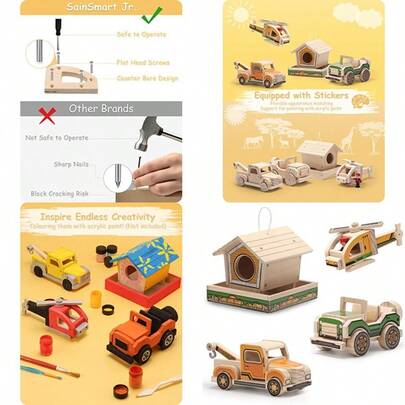 Woodworking Building Kit 4-In-1 STEM Projects Set DIY Wood Crafts Assembly Toys With Different Combinations For Boys And Girls