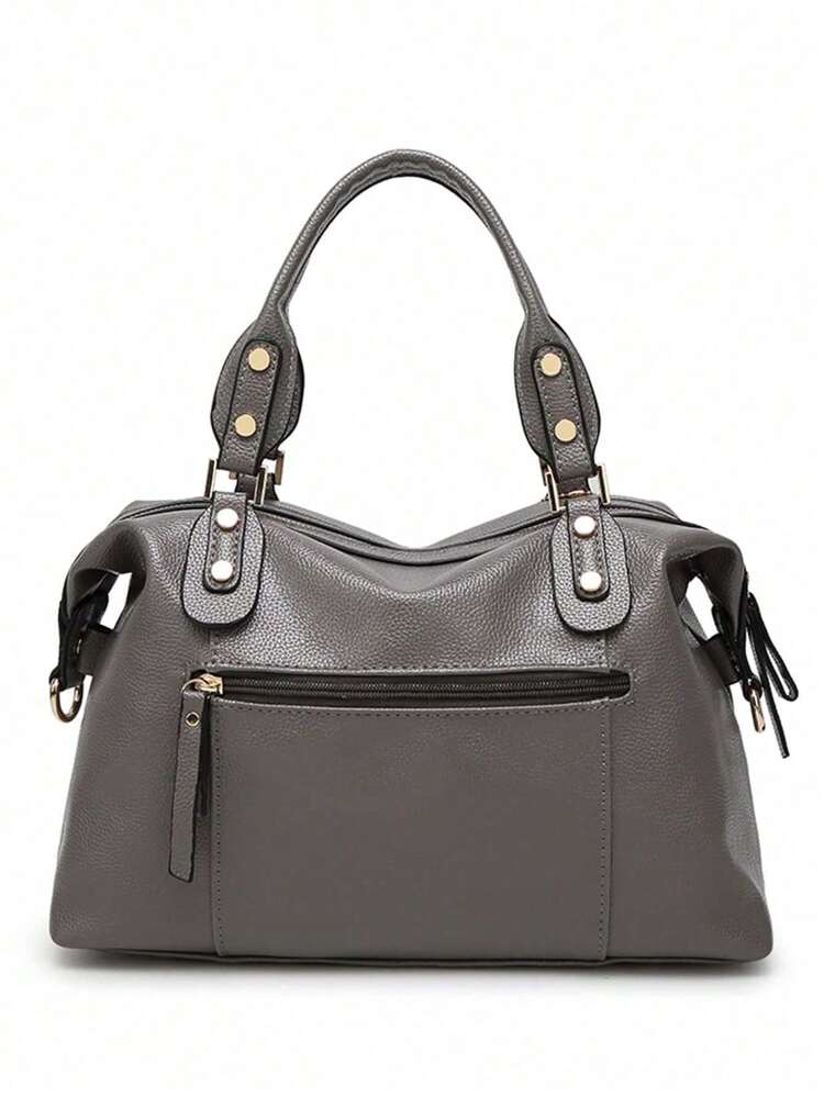 New Fashion Large Capacity Solid Color Litchi Grain Adjustable Strap Multi-Function Pendant Retro Casual Versatile Tote Bag, Suitable For Office Ladies, College Students, Commuting - Grey - View 2