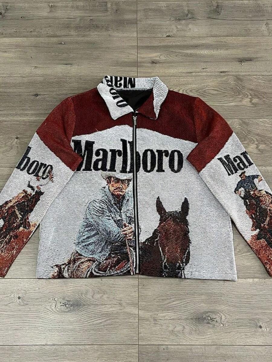 Retro Western Zip-Up Coat With Horse Rider Graphic, Streetwear Aesthetic - LLJKAA00S - 查看 1
