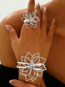 1件/2件套，花卉图案，铁丝材质，欧美风格，创意设计，手链/戒指套装，女士，日常佩戴，派对装，婚礼，母亲节礼物，斋月活动 - 銀色 - 查看 8