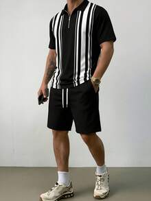 Men's Casual Color Block Patchwork Short Sleeve Polo Shirt Set, Designed For Men, Showcasing A "Retro" Vibe - Multicolor - View 4