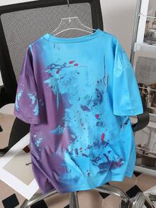 1件男童卡通电子游戏机器人印花涂鸦扎染设计圆领短袖T恤，春夏款 - 藍色 - 查看 2