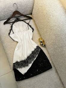 Women's Elegant Lace Patchwork Camisole, Sleeveless Vest, Casual Urban Style, Suitable For Spring/Summer, Black & White Color Block, Vintage Romantic, Versatile For Holiday, Commute - White - View 9