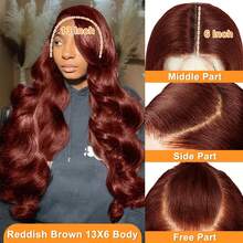 bling hair Perruque lace front brun-roux 13x6 13x4 ondulée, en cheveux humains naturels, pré-épilée avec baby hairs, couleur 33#, teinte rouge, densité 180 pour femme - S33 - Voir 3