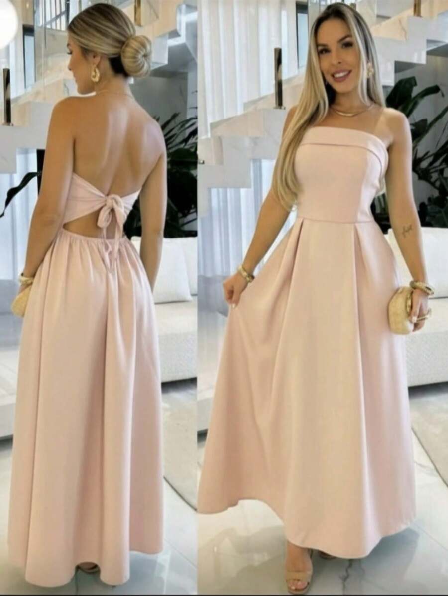 Elegant Strapless Party Dress, Draped, Plain, With Padded Cups, Various Colors. - 米色 - 查看 1