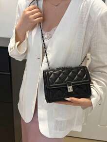1pc Fashionable Solid Color Embossed Flap Chain Mini Shoulder Bag For Women - Black - View 5