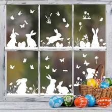 1/6pcs Easter Glass Window Stickers White Rabbit Eggs Floral Motif Decals For Kitchen Office Springtime Festival Decor Non Adhesive Static Removable Home Art Appliques - White Rabbit - View 3