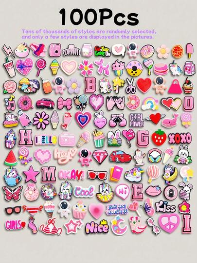 10/20/30/40/50/80/100/200/400PCS Flat Pink Mixed Package Series, Whale, Dessert, Unicorn, Cat, Butterfly, Starfish, Stationery, Detachable Washing, Pointe Fashion Accessories, Light Up Every Step Of Style, Inlaid In The Shoes Of The Craft Pearl Shining Bright, Cute Summer Daily Wear