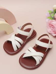 1 đôi dép xăng đan đế bằng màu trắng cho bé gái, hở mũi, thoải mái, đa năng, có khóa dán. - trắng - Xem 2