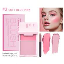 2IN1 Pink Blush Matte Dewy Rosy Blush With Brush Makeup Pan Long Wearing High Pigment Orange Red Cream & Powder Blush Palette - 彩色 - 查看 16