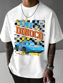 Disney Men's Casual T-Shirt, "King Dinoco" Print, Racing Design, Comfortable Soft Fabric, Perfect For Fans & Car Enthusiasts - trắng - Xem 3