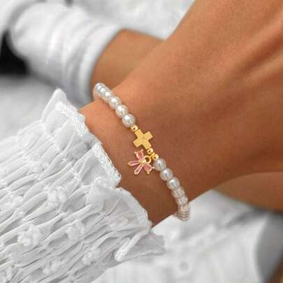 1 pieza Pulsera vintage de moda con colgante de cruz, lazo y perlas falsas para mujeres