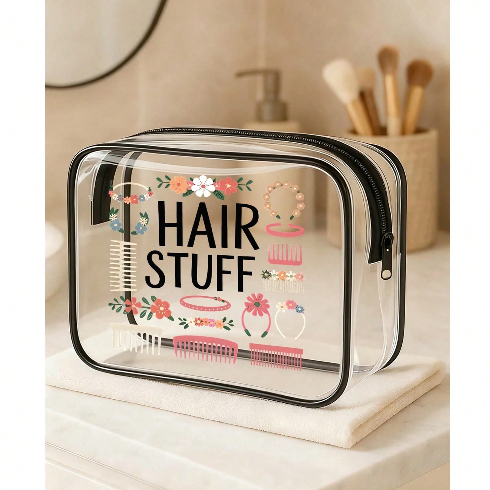 “Hair Stuff”Hair Accessory PVC Toiletry Bags,PVC Travel Organizer Pouch With Zipper Closure – Lightweight Fade-Resistant Makeup & Toiletry Bag For Women & Girls, Large Capacity Transparent Cosmetic Bag With Nylon Zipper,Room Decor,Makeup Bag