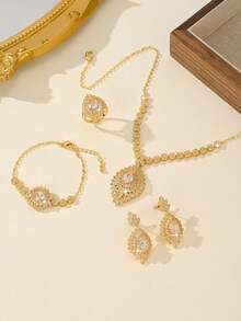 5 pezzi Set di gioielli da sposa placcato oro 18K, realizzato a mano con zirconia cubica bianca, incluso collana, bracciale, orecchini, anello, adatto per uso quotidiano e matrimonio, regalo per anniversario di matrimonio - Champagne - Visualizzare 4