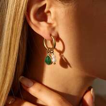 Minimalist Unique European Style 304 Stainless Steel Faux Pearl Leaf Drop Clip-On Earrings, Fashion New 18K Gold Plated Natural Stone Stainless Steel Jewelry Earrings For Women - Multicolor 2 - View 6