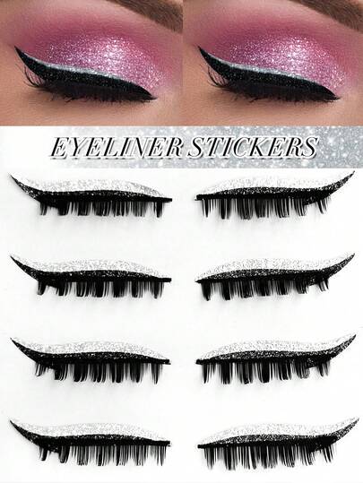 Rikuaild 4 Pairs, Eyeliner Lashes, Glitter Self-Adhesive, Eyeliner, Eyeshadow,Double Eyelids, False Eyelashes, Waterproof, Party, Eye Makeup, Christmas Halloween Makeup European And American Stage Makeup