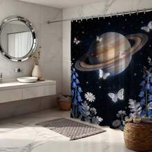土星蓝蝴蝶浴帘，闪耀的星球上点缀着虹彩蝴蝶和风铃草，宇宙背景，防水涤纶材质，带挂钩，太空奇幻主题浴室装饰，梦幻星空风格卫生间装饰礼品 - 藍白 - 查看 7