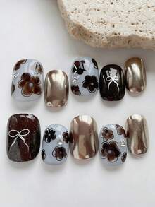 10张复古优雅法式ins风日常简约手绘花朵蝴蝶结闪亮金属美甲贴纸，甜美森系美甲贴花 - 彩色 - 查看 2