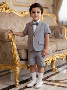 BOARNSEORL 2pcs Young Boys Gentleman Suit - Gray Short Sleeve Blazer With Bow Tie And Gray Shorts, Fashionable, Suitable For Birthday Party, Formal Event, Wedding, Versatile - Grey - View 1