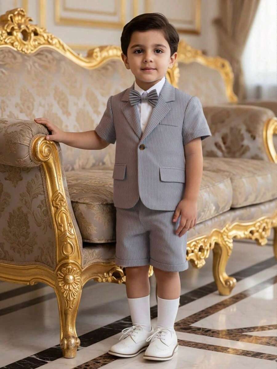 BOARNSEORL 2pcs Young Boys Gentleman Suit - Gray Short Sleeve Blazer With Bow Tie And Gray Shorts, Fashionable, Suitable For Birthday Party, Formal Event, Wedding, Versatile - Grey - View 1