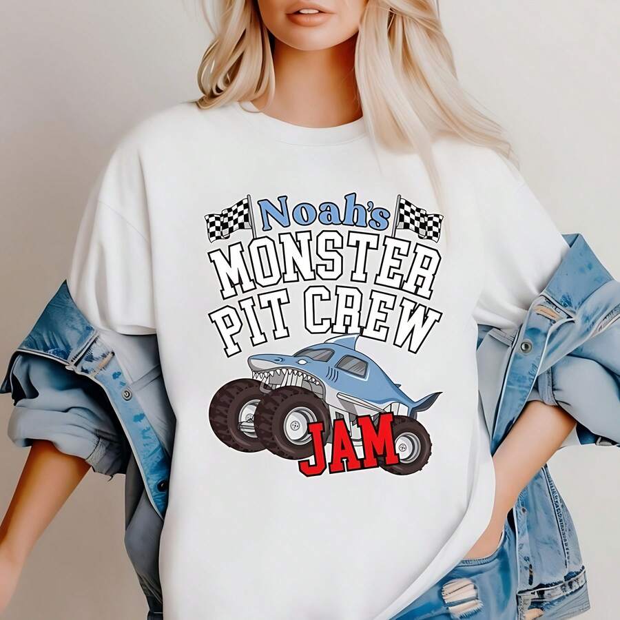 Monster Truck Pit Crew T-Shirt, Shark Jam Racing - White - View 1