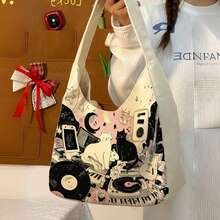 1个时尚新款卡通猫咪单肩包，多功能大容量学生帆布包，女士通勤手提包，磁扣大容量托特包，学生通勤日常多功能帆布包，可爱清新少女风手提包，适合返校季和情人节礼物，女士日常休闲包 - 彩色 - 查看 6