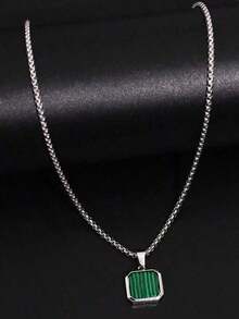 1pc Minimalist Men's Punk Style Square-Shaped Green Synthetic Turquoise Pendant Necklace With Stainless Steel Chain, Casual/Business Accessory (Random Stone Pattern And Size) - 銀級 2 - 查看 7