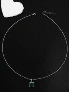 1pc Minimalist Men's Punk Style Square-Shaped Green Synthetic Turquoise Pendant Necklace With Stainless Steel Chain, Casual/Business Accessory (Random Stone Pattern And Size) - 銀級 2 - 查看 5