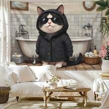 1 tấm thảm trang trí nghệ thuật độc đáo - Hình mèo mặc áo khoác treo tường phòng tắm, chất liệu vải polyester, hoàn hảo cho Halloween, Giáng sinh. - Nhiều màu - Xem 4