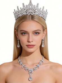 四件套皇冠头饰套装，优雅奢华的镶钻女王皇冠项链耳环新娘婚礼配饰 - 銀色 - 查看 2