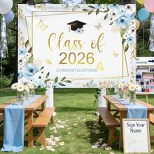 1pc Class Of 2026 Congratulations Banner Backdrop Floral Congrats Grad Photography Background Pastel Butterfly Graduation Party Decor Gold Confetti Prom 2026 Party Banner Photo Booth Props - Style2 - View 2