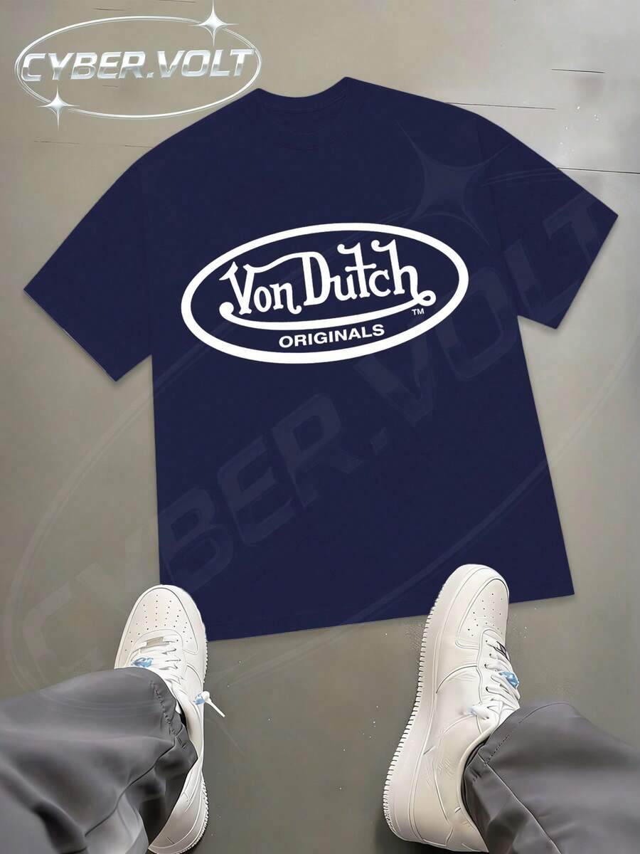 Dutch Manfinity Y2K Style Print (180g Pure Cotton T-Shirt) Cotton T-Shirt - Soft And Breathable, Green Print 100% Pure Cotton Fabric - Comfortable And Vibrant Summer Streetwear Short-Sleeved T-Shirt, Cool Motorcycle Design, Vintage Summer Men's Everyday Wear T-Shirt - Màu xanh hải quân - Xem 1