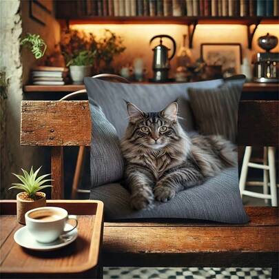 1 pieza Funda de cojín con estampado vintage de gato Maine , 45x45cm, funda de almohada con cremallera oculta, funda de cojín decorativa con estampado lindo de gato, estampado de felpa de un solo lado, sin relleno de almohada