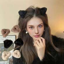 2个可爱毛绒猫耳三角发夹，小号刘海发夹，多功能时尚发夹，女士发饰，优雅发爪，节日派对必备 - 彩色 - 查看 1