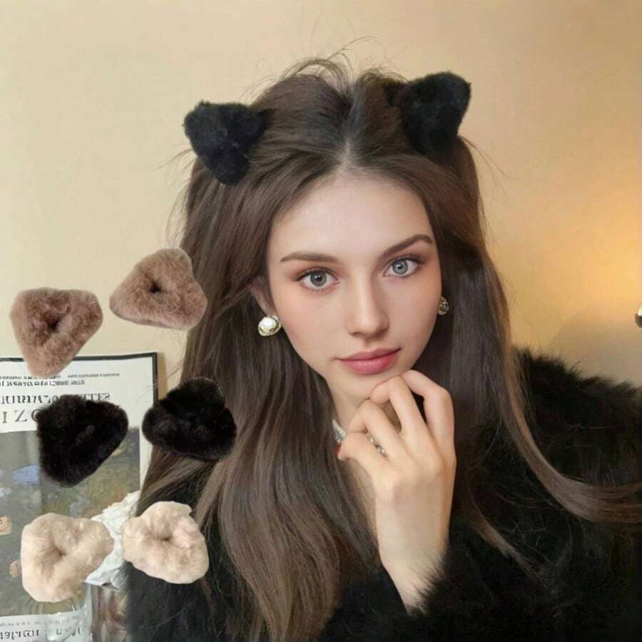 2个可爱毛绒猫耳三角发夹,小号刘海发夹,多功能时尚发夹,女士发饰,优雅发爪,节日派对必备 - 彩色 - 查看 1